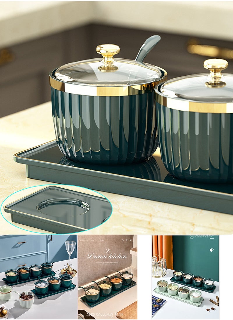 Qiccijoo - Qiccijoo Condiment Spice Jars，Spice Box With Lids and Spoons and Tray Condiment Canisters Pots Seasoning Box Salt Container Sugar Bowl Set of 4 for Kitchen to Storage Salt，Paprika，Sugar(Green) - Image 1