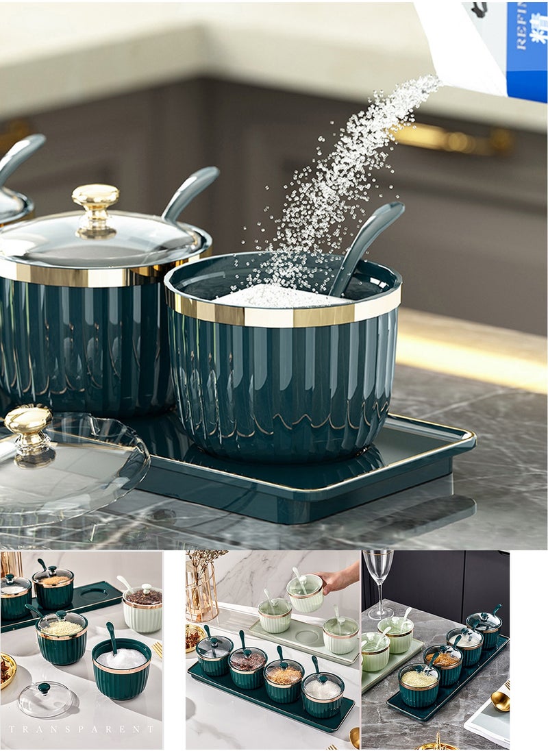 Qiccijoo - Qiccijoo Condiment Spice Jars，Spice Box With Lids and Spoons and Tray Condiment Canisters Pots Seasoning Box Salt Container Sugar Bowl Set of 4 for Kitchen to Storage Salt，Paprika，Sugar(Green) - Image 1