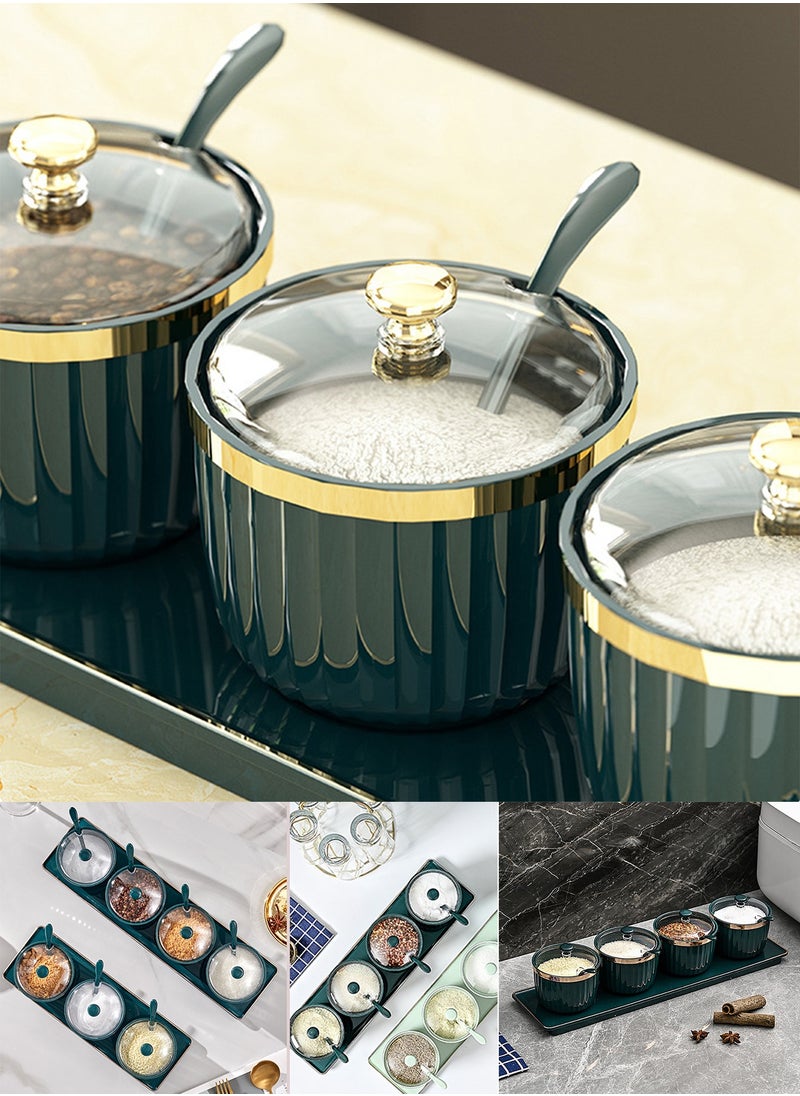 Qiccijoo - Qiccijoo Condiment Spice Jars，Spice Box With Lids and Spoons and Tray Condiment Canisters Pots Seasoning Box Salt Container Sugar Bowl Set of 4 for Kitchen to Storage Salt，Paprika，Sugar(Green) - Image 1