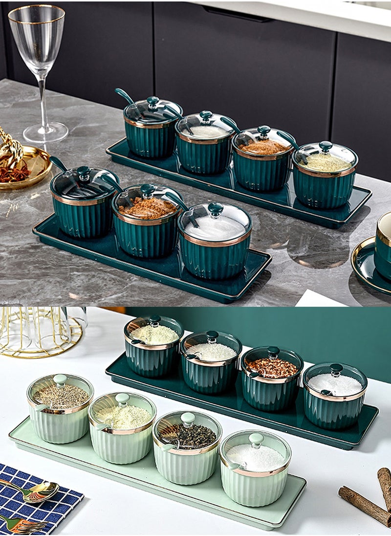 Qiccijoo - Qiccijoo Condiment Spice Jars，Spice Box With Lids and Spoons and Tray Condiment Canisters Pots Seasoning Box Salt Container Sugar Bowl Set of 4 for Kitchen to Storage Salt，Paprika，Sugar(Green) - Image 1