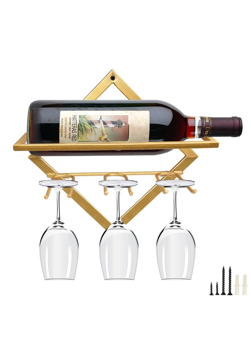 SYOSI Metal Wall Mounted Wine Holder, Upgrade Collapsible Wall Hanging Red Wine Racks Organizer with 3 Stem Glass Holders, Red Wine Bottle Display Hanger with Screws for Home Kitchen Wall Décor - Image 1