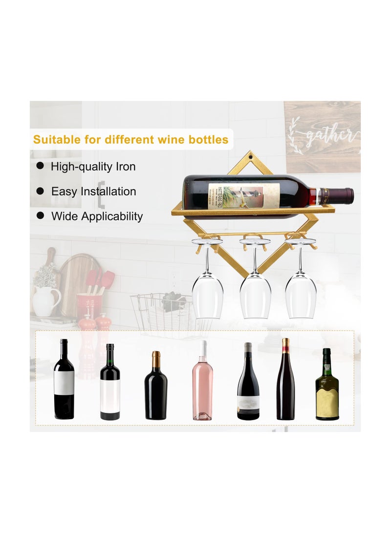 SYOSI Metal Wall Mounted Wine Holder, Upgrade Collapsible Wall Hanging Red Wine Racks Organizer with 3 Stem Glass Holders, Red Wine Bottle Display Hanger with Screws for Home Kitchen Wall Décor - Image 3