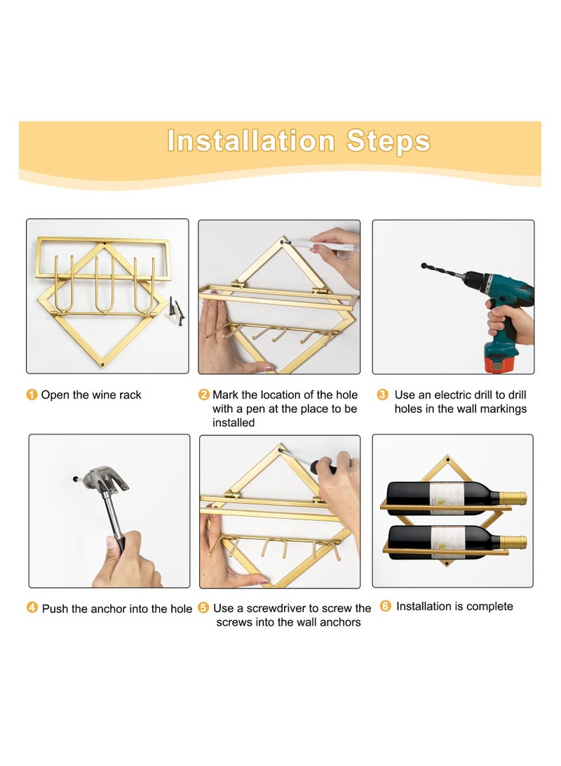 SYOSI Metal Wall Mounted Wine Holder, Upgrade Collapsible Wall Hanging Red Wine Racks Organizer with 3 Stem Glass Holders, Red Wine Bottle Display Hanger with Screws for Home Kitchen Wall Décor - Image 4