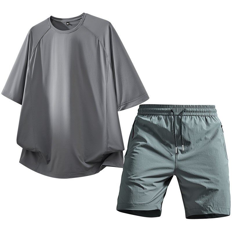 Summer Sports Suit for Men, New Ice Silk Quick-Drying Short-Sleeved Casual Loose-Fitting Pants, Outdoor Fitness Two-Piece Set