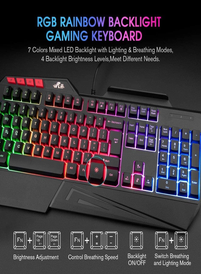 Rii RK202 RGB Gaming Keyboard Multiple Color Rainbow LED Backlit USB Wired Gaming Keyboard with Wrist Rest for Windows & Mac PC Gamers (Black) - Image 3