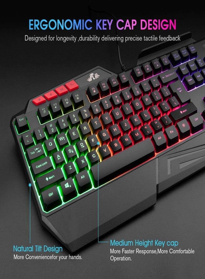 Rii RK202 RGB Gaming Keyboard Multiple Color Rainbow LED Backlit USB Wired Gaming Keyboard with Wrist Rest for Windows & Mac PC Gamers (Black) - Image 2