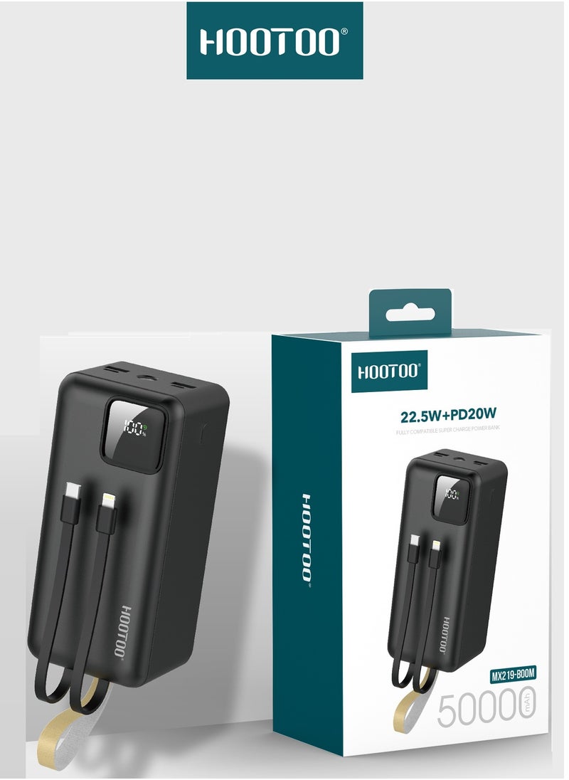 Hootoo 50000mAh Power Bank with 3 Outputs (2 x USB-A, 1 x USB-C) and input (micro-USB), Two built-in cables, Battery digital Display, 22.5W Fast Charging, LED Flashlight and Carrying Strap. Black