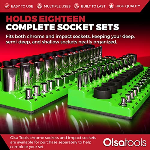 Olsa Tools Magnetic Socket Organizer - 1/4", 3/8" & 1/2-Inch Drive Metric & SAE Socket Holder 6pc Set - Professional Tool Holder & Organizer - Stores 273 Sockets - Green - Part: 1668 - Image 3