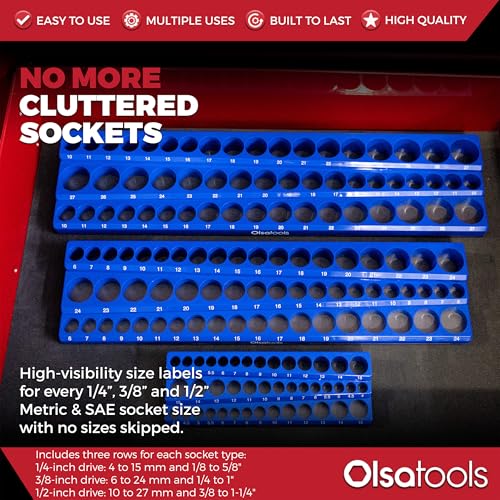 Olsa Tools Magnetic Socket Organizer - 1/4", 3/8" & 1/2-Inch Drive Metric & SAE Socket Holder 6pc Set - Professional Tool Holder & Organizer - Stores 273 Sockets - Green - Part: 1668 - Image 4
