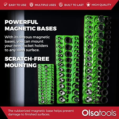 Olsa Tools Magnetic Socket Organizer - 1/4", 3/8" & 1/2-Inch Drive Metric & SAE Socket Holder 6pc Set - Professional Tool Holder & Organizer - Stores 273 Sockets - Green - Part: 1668 - Image 5