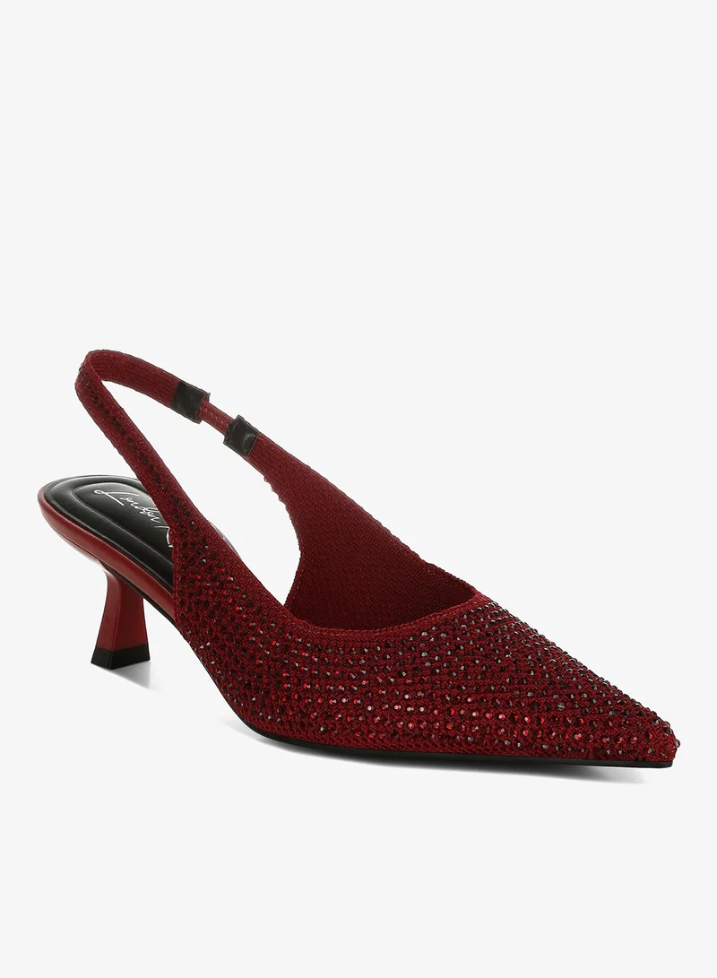 لندن راج صنادل سلاينج باك مرصعة بالكريستال بنسيج فلاي نيت بلون عنابي