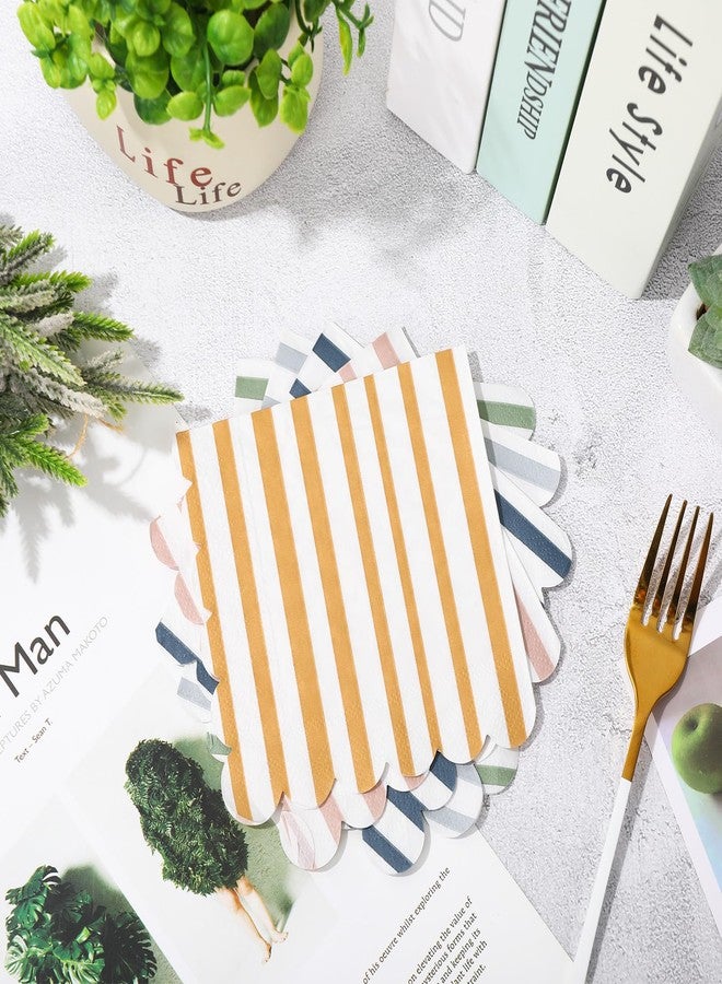Whaline 100Pcs Boho Scalloped Cocktail Napkins Mixed Stripe Ice Cream Disposable Paper Napkins 5 Mixed Colors Pastel Cocktail Beverage Napkin for Summer Party Bar Drink Birthday Decoration Supplies - Image 5