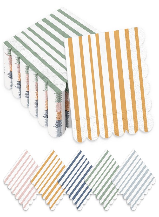 Whaline 100Pcs Boho Scalloped Cocktail Napkins Mixed Stripe Ice Cream Disposable Paper Napkins 5 Mixed Colors Pastel Cocktail Beverage Napkin for Summer Party Bar Drink Birthday Decoration Supplies - Image 1