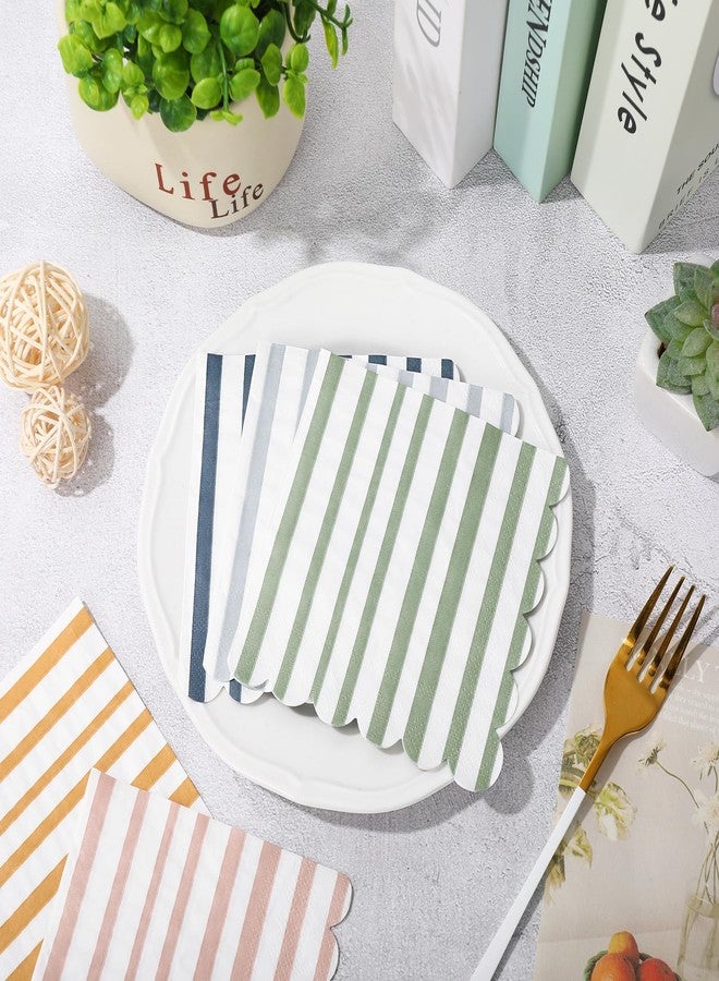 Whaline 100Pcs Boho Scalloped Cocktail Napkins Mixed Stripe Ice Cream Disposable Paper Napkins 5 Mixed Colors Pastel Cocktail Beverage Napkin for Summer Party Bar Drink Birthday Decoration Supplies - Image 4