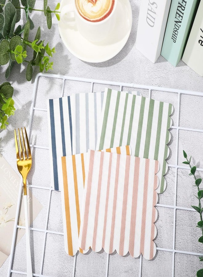 Whaline 100Pcs Boho Scalloped Cocktail Napkins Mixed Stripe Ice Cream Disposable Paper Napkins 5 Mixed Colors Pastel Cocktail Beverage Napkin for Summer Party Bar Drink Birthday Decoration Supplies - Image 3