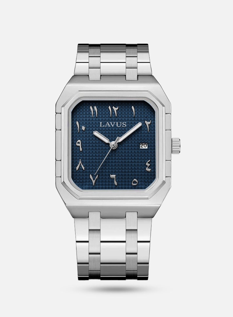 Men's watch, steel, Arabic numerals, silver-blue color