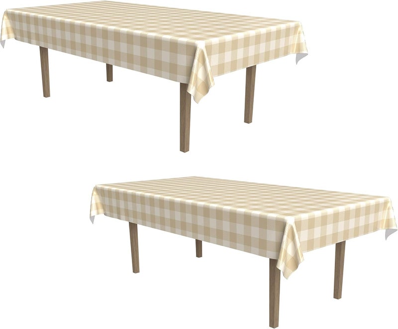 Beistle Plastic Rectangular Plaid Tablecovers BeigeCream Pack of 2 - Image 1