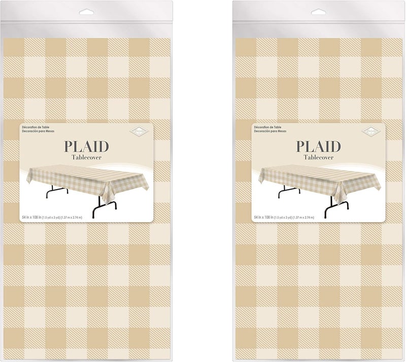 Beistle Plastic Rectangular Plaid Tablecovers BeigeCream Pack of 2 - Image 2