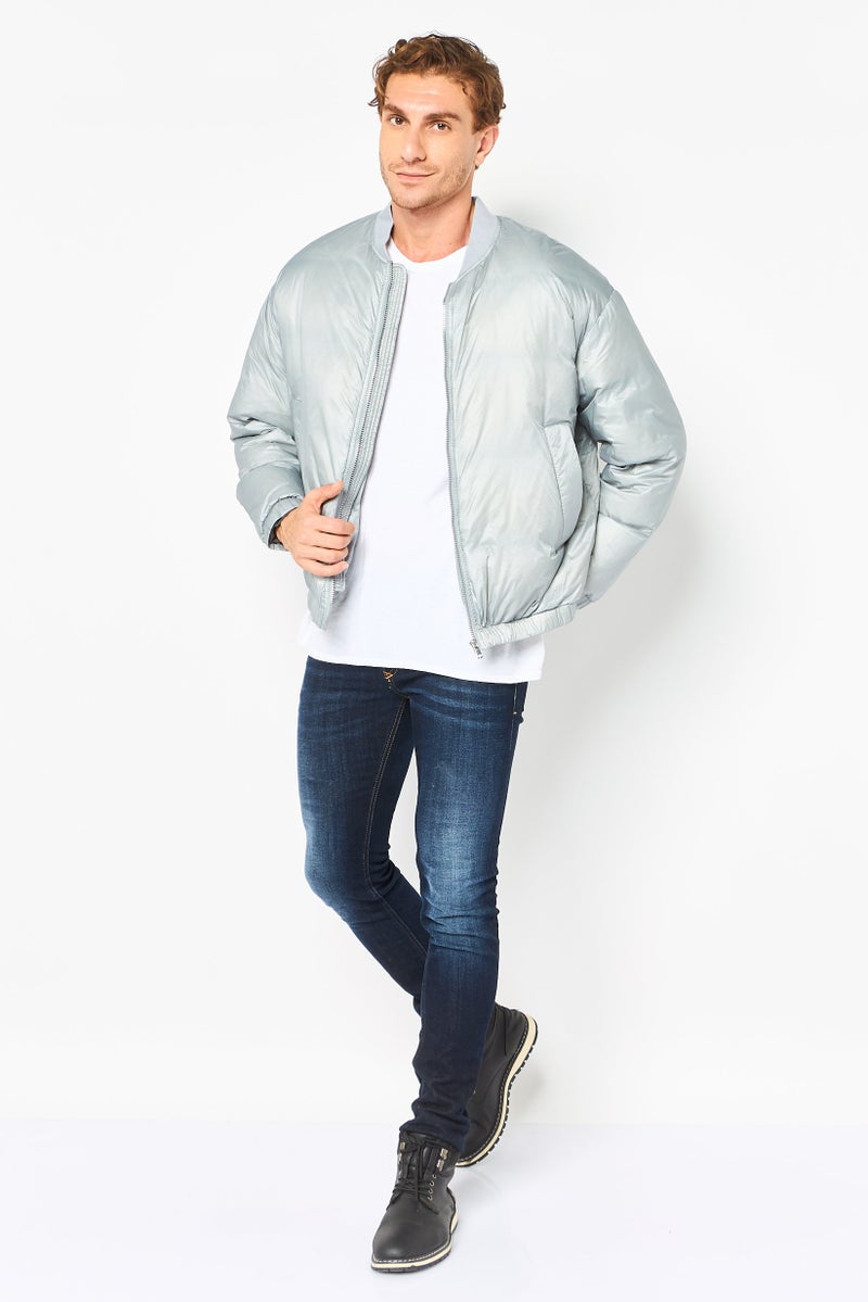 Selected Homme Men Oversize Micro Check Bomber Jacket, Metallic Grey - Image 2