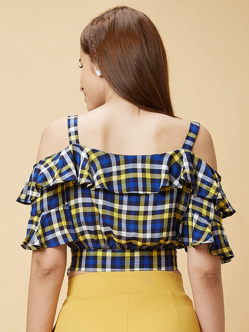 globus Globus Women Checked Off Shoulder Ruffles Cotton Bardot Crop Top  - Image 4