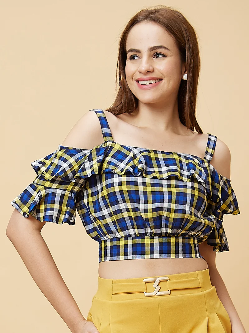 globus Women Checked Off Shoulder Ruffles Cotton Bardot Crop Top