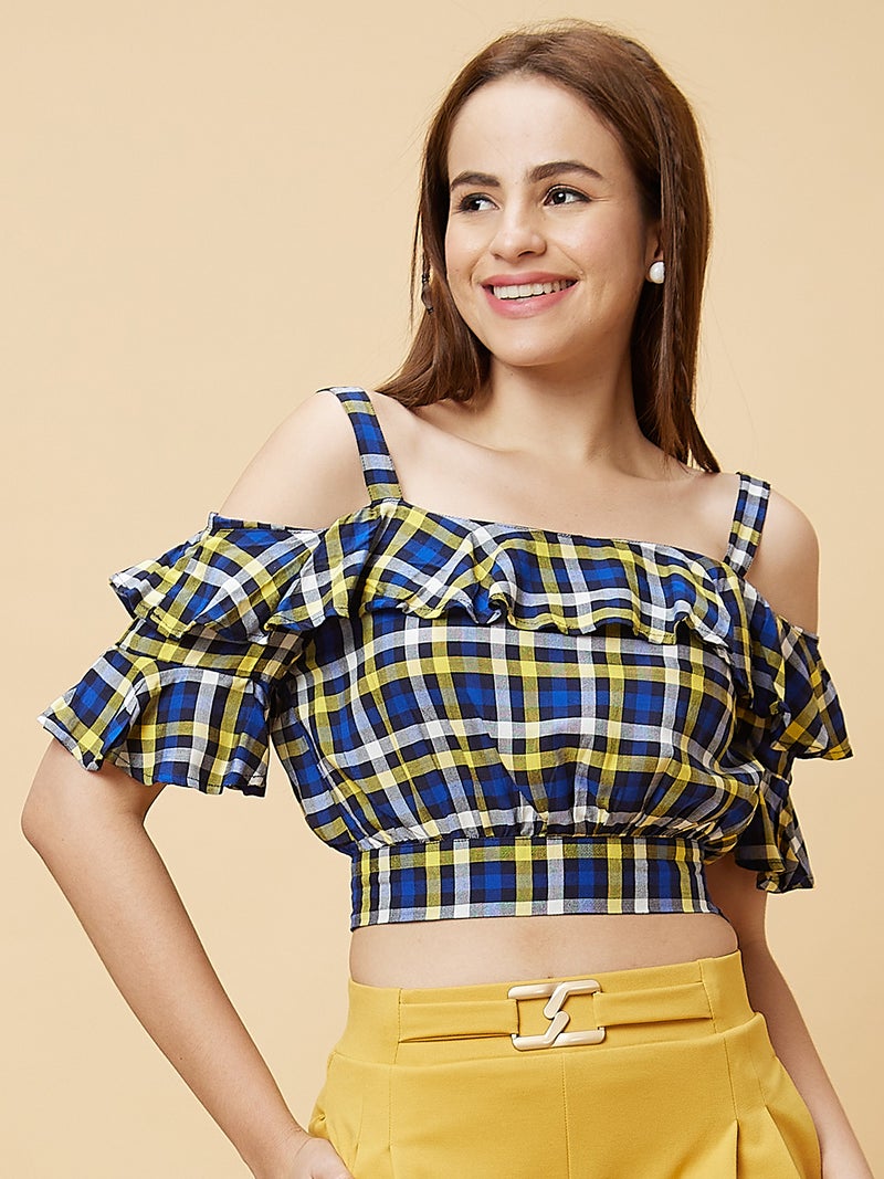 globus Globus Women Checked Off Shoulder Ruffles Cotton Bardot Crop Top  - Image 2