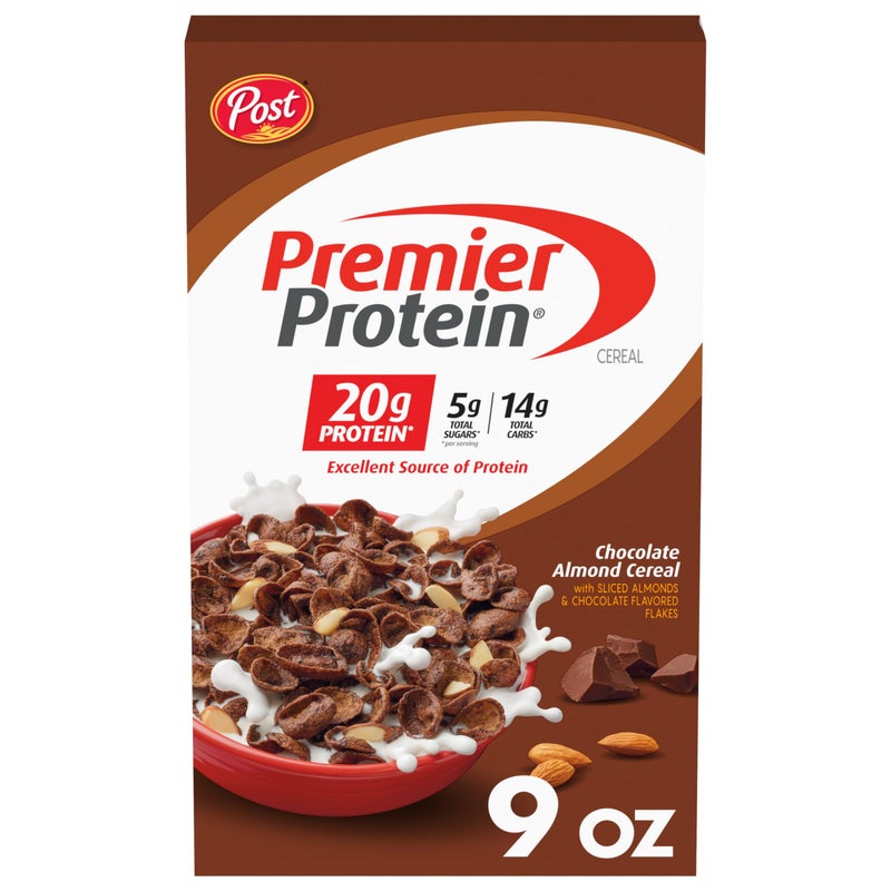 Premier Protein Chocolate Almond Cereal, Chocolatey Protein Cereal Flakes with Sliced Almonds, Contains 20g of Protein Per Serving, 9 OZ Box - Image 1
