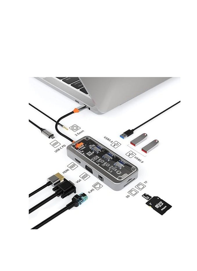 ماركة غير محددة موزع USB C، محول متعدد المنافذ 10 في 1 من النوع c مع HDMI 4K، توصيل طاقة PD، إيثرنت، Vga، مخرج صوت، 3 Usb، متوافق مع قارئ بطاقات SD/Micro SD  - Image 1