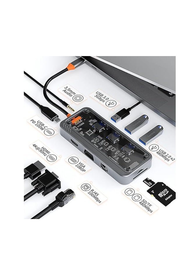 ماركة غير محددة موزع USB C، محول متعدد المنافذ 10 في 1 من النوع c مع HDMI 4K، توصيل طاقة PD، إيثرنت، Vga، مخرج صوت، 3 Usb، متوافق مع قارئ بطاقات SD/Micro SD  - Image 4