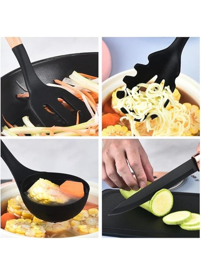 مجموعة أدوات طهي وسكاكين المطبخ المكونة من 19 قطعة مع كتلة، تتضمن 11 قطعة من أدوات الطهي المصنوعة من السيليكون و5 قطع من سكاكين الطهاة الحادة المصنوعة من الفولاذ المقاوم للصدأ ومقصات وخفاقة وملقط ولوح تقطيع (أسود) - Image 5