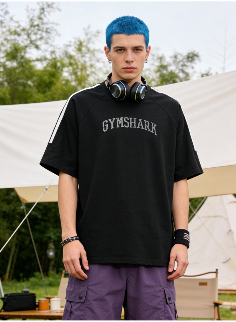 جيمشارك Loose T-shirts with LOGO, 300g double-yarn cotton loose T-shirts for men and women with the same paragraph, and 2 short-sleeved round neck shirts for leisure sports. - Image 3