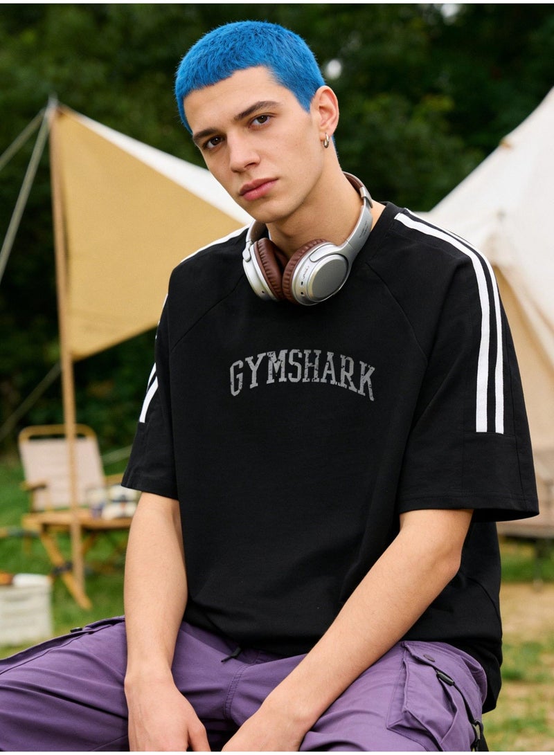 جيمشارك Loose T-shirts with LOGO, 300g double-yarn cotton loose T-shirts for men and women with the same paragraph, and 2 short-sleeved round neck shirts for leisure sports. - Image 1