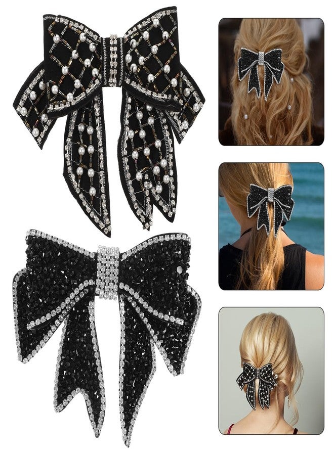 FOYTOKI Pearl, Fabric and Crystal Hair Clips - 2pcs Decorative Black Hair Accessories with Bows for Girls and Kids - Image 3