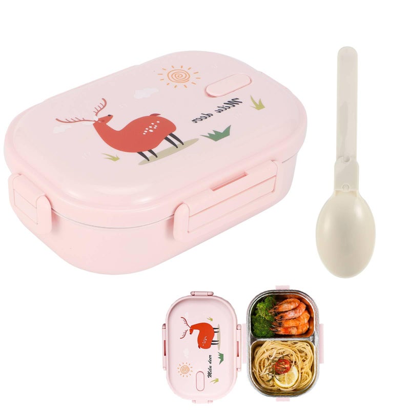Niiyen Lunch Box for Kids 2 Compartments Pink Food Lunch Containers Portable 304 Stainless Steel Salad Storage Box with Spoon for Office School Picnic 720ml 24Oz