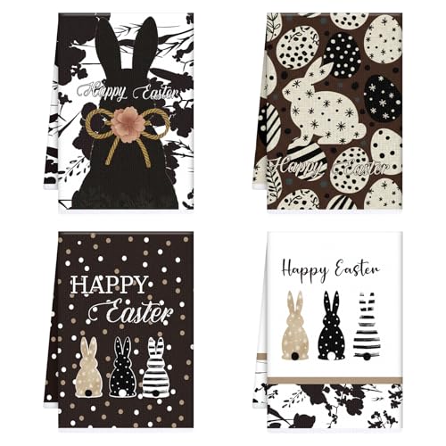 InIsaJace Happy Easter Kitchen Towels, Bunny Dish Towels Gifts for Cooking Cleaning Set of 4, Spring Rabbits Hand Towels with Hanging Loop for Bathroom Home Decor - Image 1
