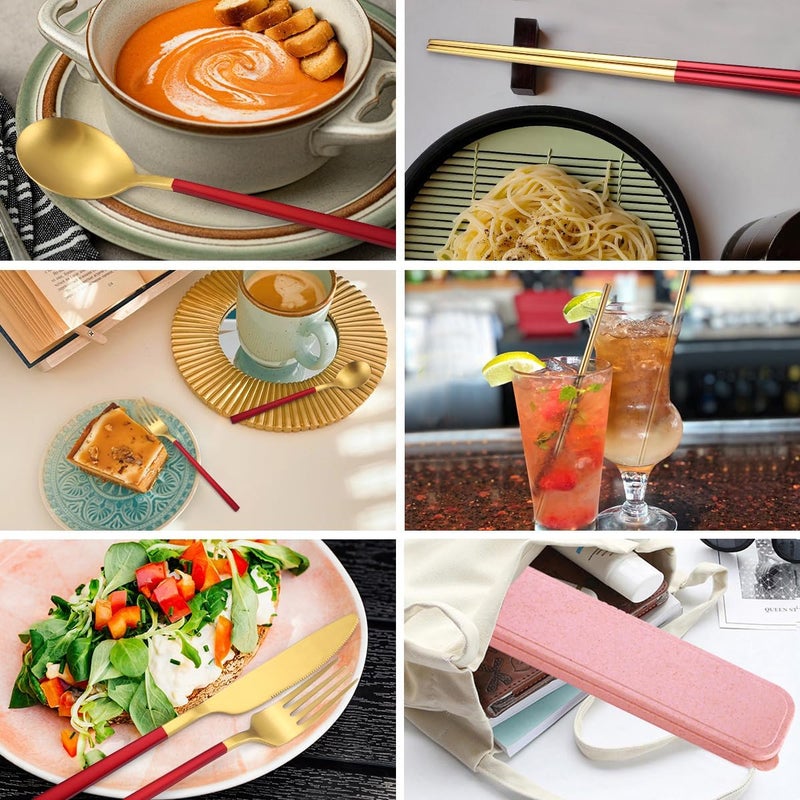AARainbow 8 Pieces Stainless Steel Flatware Set Portable Reusable Cutlery Set Travel Utensils Set Including Chopsticks Knife Fork Spoon Straws Cleaning Brush Dishwasher Safe (B-Red Golden) - Image 3