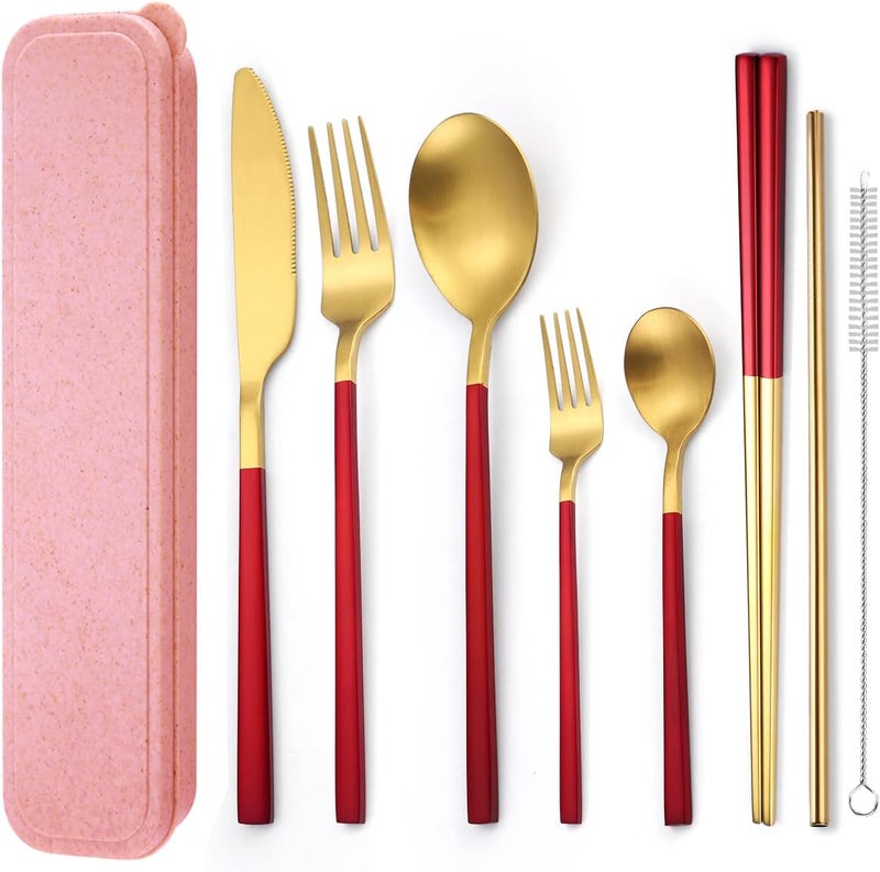 AARainbow 8 Pieces Stainless Steel Flatware Set Portable Reusable Cutlery Set Travel Utensils Set Including Chopsticks Knife Fork Spoon Straws Cleaning Brush Dishwasher Safe (B-Red Golden) - Image 1