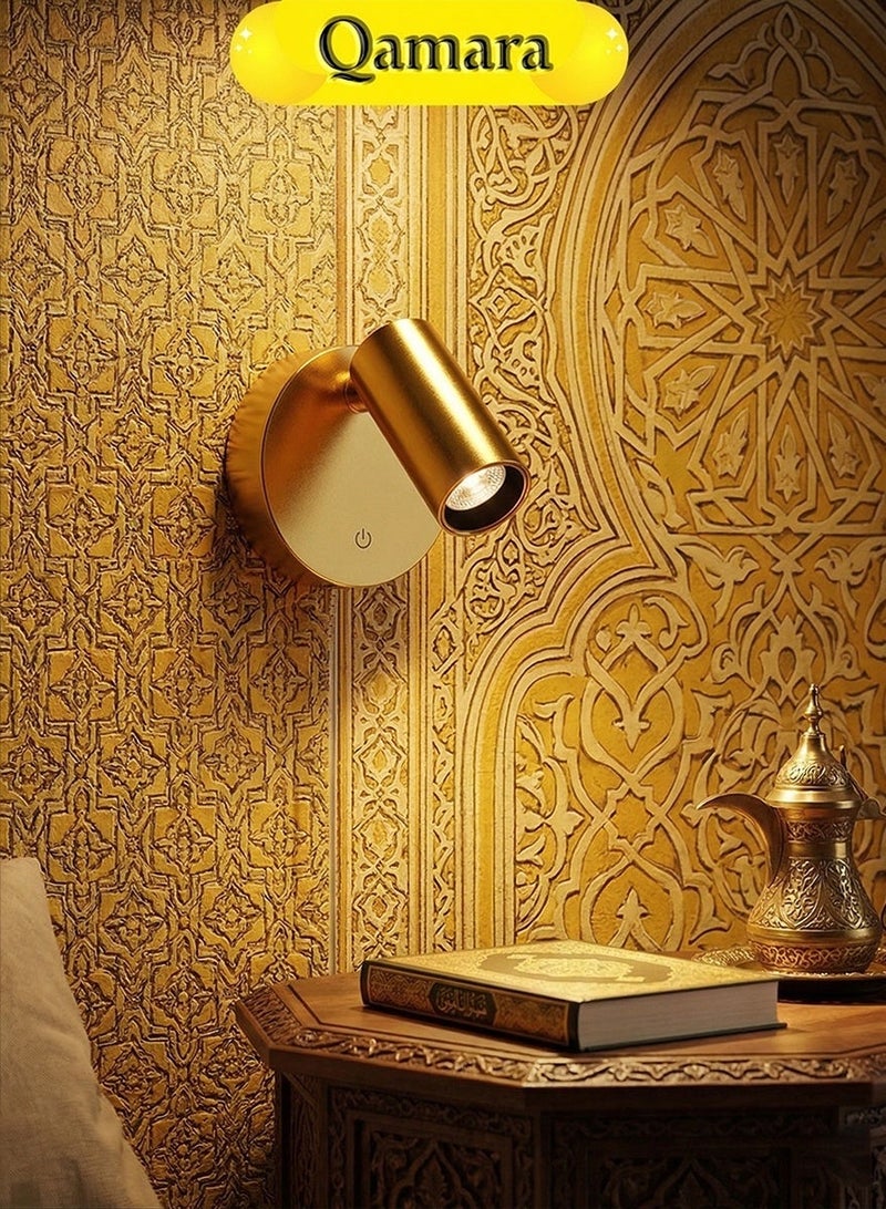 QAMARA Rechargeable LED Wall Lamp - 350° Rotatable Reading Light - 3 Color Dimmable - Gold - Image 2