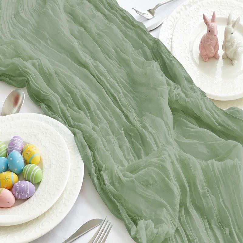 IVAPUPU 2 Pcs Cheesecloth Table Runner - 10ft Sage Green Easter Decor Boho Gauze Cheese Cloth Table Runners for Baby Shower Decorations Wedding Party Spring Garden Farmhouse - Image 1