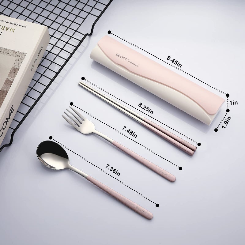 DEVICO Portable Travel Utensils with Case, Reusable Camping Silverware for Lunch, 18/8 Stainless Steel Cutlery Set (Pink) - Image 2