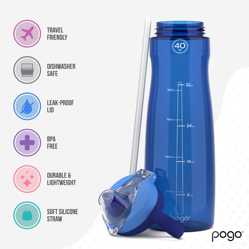 Pogo BPA-Free Tritan Plastic Water Bottle with Soft Straw, 40 Oz, Blue - Image 3