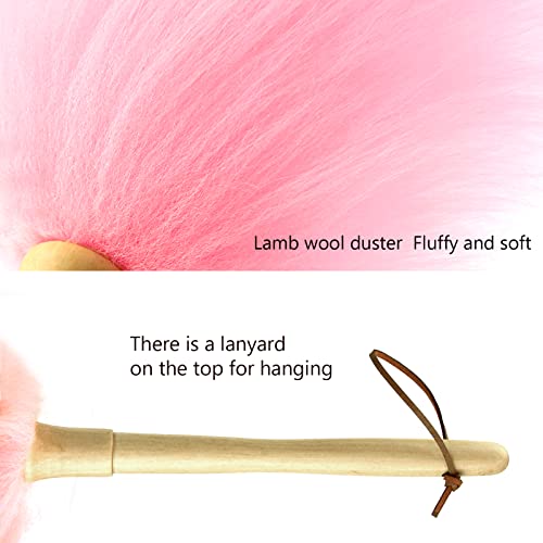 iHUFeather Lambswool Duster 14'' Length Solid Wooden Handle Leather Hang Strap for Cleaning Ceiling Fans Window Blinds Computer Furniture Figurines TV Natural Feather Duster,Pink - Image 3