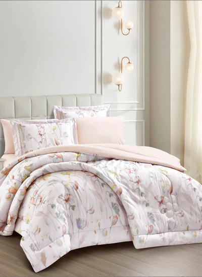 Donetella Comforter Set 6-Pcs King Size Printed Reversible Double Bed FIt 200 x 200 CM All Season Comforter With (350 GSM) Down Alternative Filling, Pale Slate