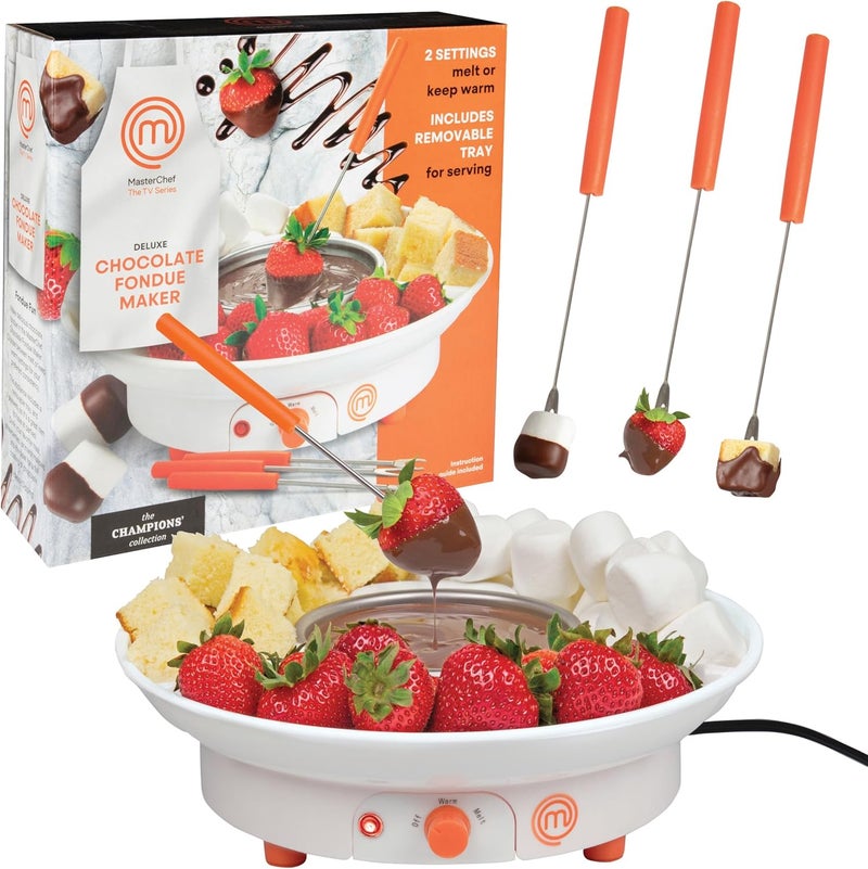 Master Chef Chocolate Fondue Maker- Xmas Party Must Have- Electric Dessert Fondue Pot Set w 4 Forks & Party Serving Tray- Melt, Warm Settings for Caramel, Cheese- Holiday Charcuterie Appetizers or Gift - Image 1