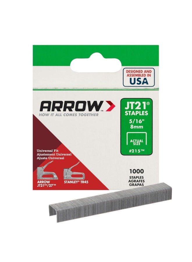 Arrow Fastener دبابيس سلك رفيع Arrow 215 JT21 لبنادق الدبابيس والدبابيس، للاستخدام في التنجيد، الحرف، الإصلاحات العامة، طول الساق 5/16 بوصة، عرض التاج 7/16 بوصة، عبوة 1000، مصنوعة في الولايات المتحدة الأمريكية - Image 1