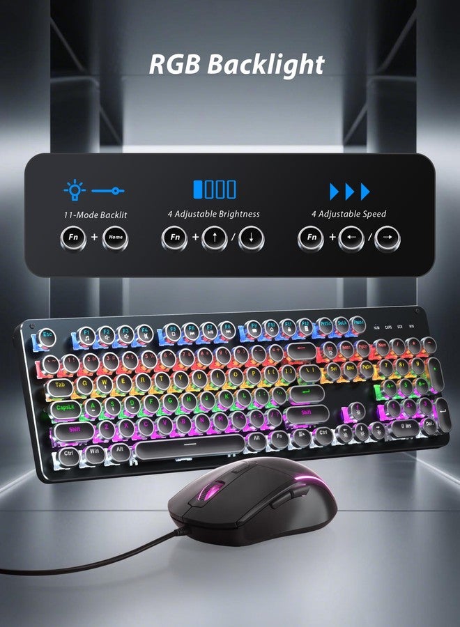 Taiahiro Typewriter Mechanical Gaming Keyboard and Mouse, 104-Key Full Size Retro Keyboards Metal Panel Punk Round Keycap Clicky Blue Switch with RGB Backlit Mouse and Pad Combo for PC Laptop Mac Gamer, Black - Image 5