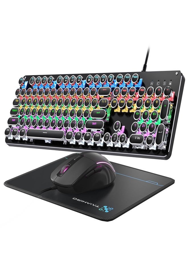 Taiahiro Typewriter Mechanical Gaming Keyboard and Mouse, 104-Key Full Size Retro Keyboards Metal Panel Punk Round Keycap Clicky Blue Switch with RGB Backlit Mouse and Pad Combo for PC Laptop Mac Gamer, Black - Image 1