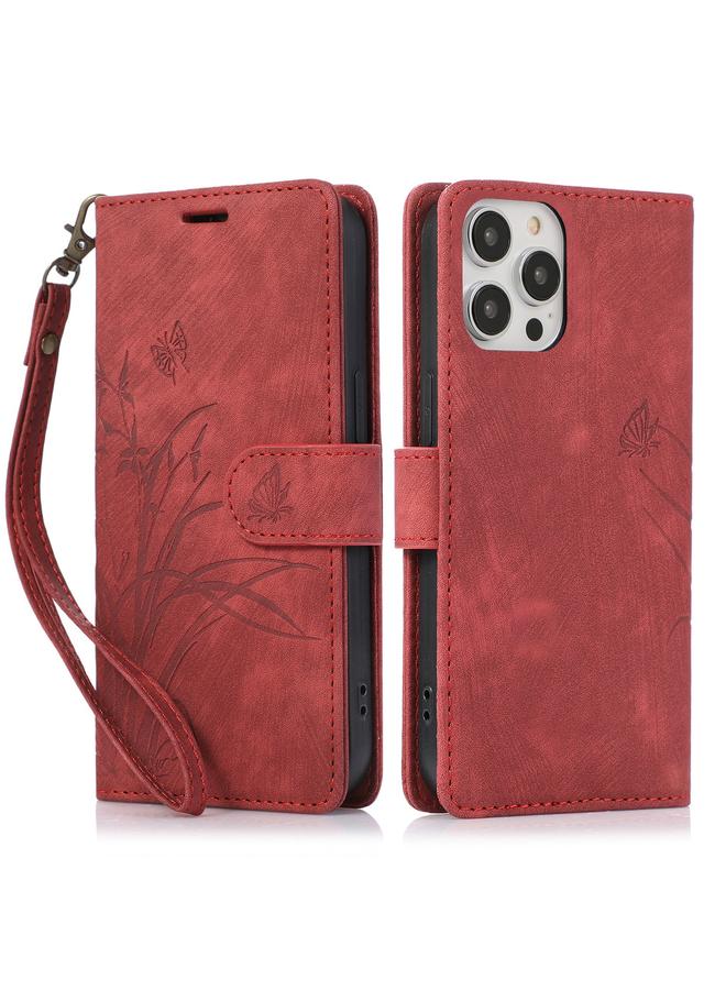 S-TOP Case For iPhone 14 Pro Orchid Butterfly Embossed Leather Phone Case - Image 1