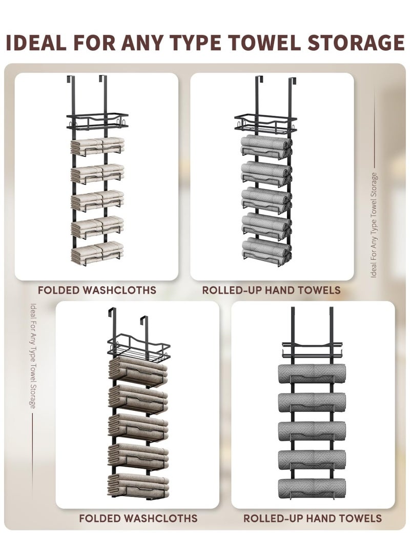 سوكاني رف مناشف ذو 6 طبقات للتعليق على الباب، حامل مناشف معلق بدون حفر مع سلة علوية، منظّم تخزين مناشف حمام موفر للمساحة للمساحات الصغيرة، الشقق، المنازل المتنقلة، باللون الأسود - Image 5