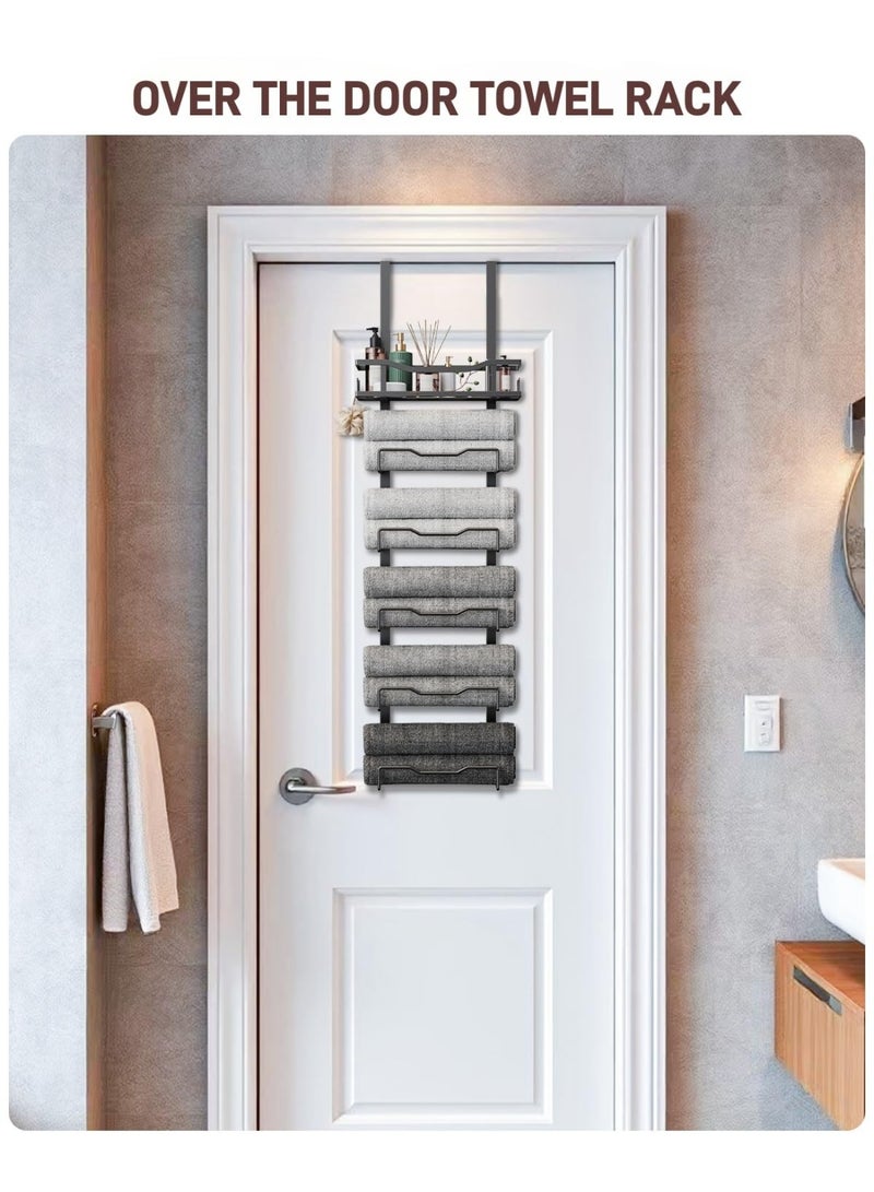 سوكاني رف مناشف ذو 6 طبقات للتعليق على الباب، حامل مناشف معلق بدون حفر مع سلة علوية، منظّم تخزين مناشف حمام موفر للمساحة للمساحات الصغيرة، الشقق، المنازل المتنقلة، باللون الأسود - Image 2